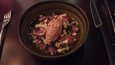 Hamhock Parfait, smoked hazelnut, pickled mushroom Alimentum Restaurant, Cambridge