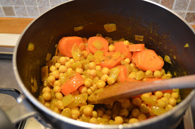 Chickpeas added to the pan