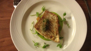 Sea Bream with pea puree, chorizo and potato