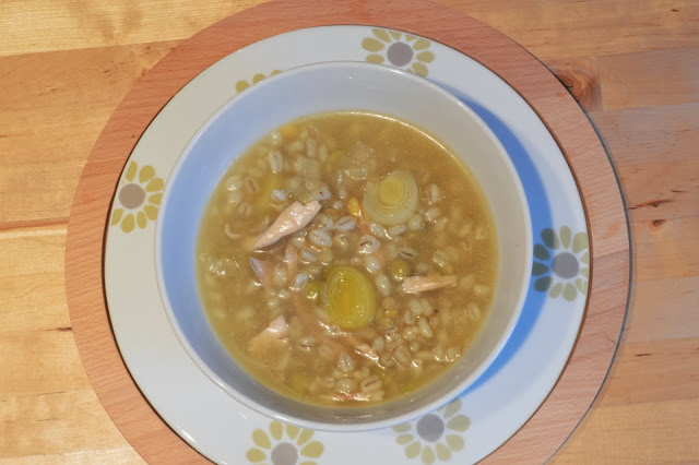 Rustic chicken, leek and barley soup