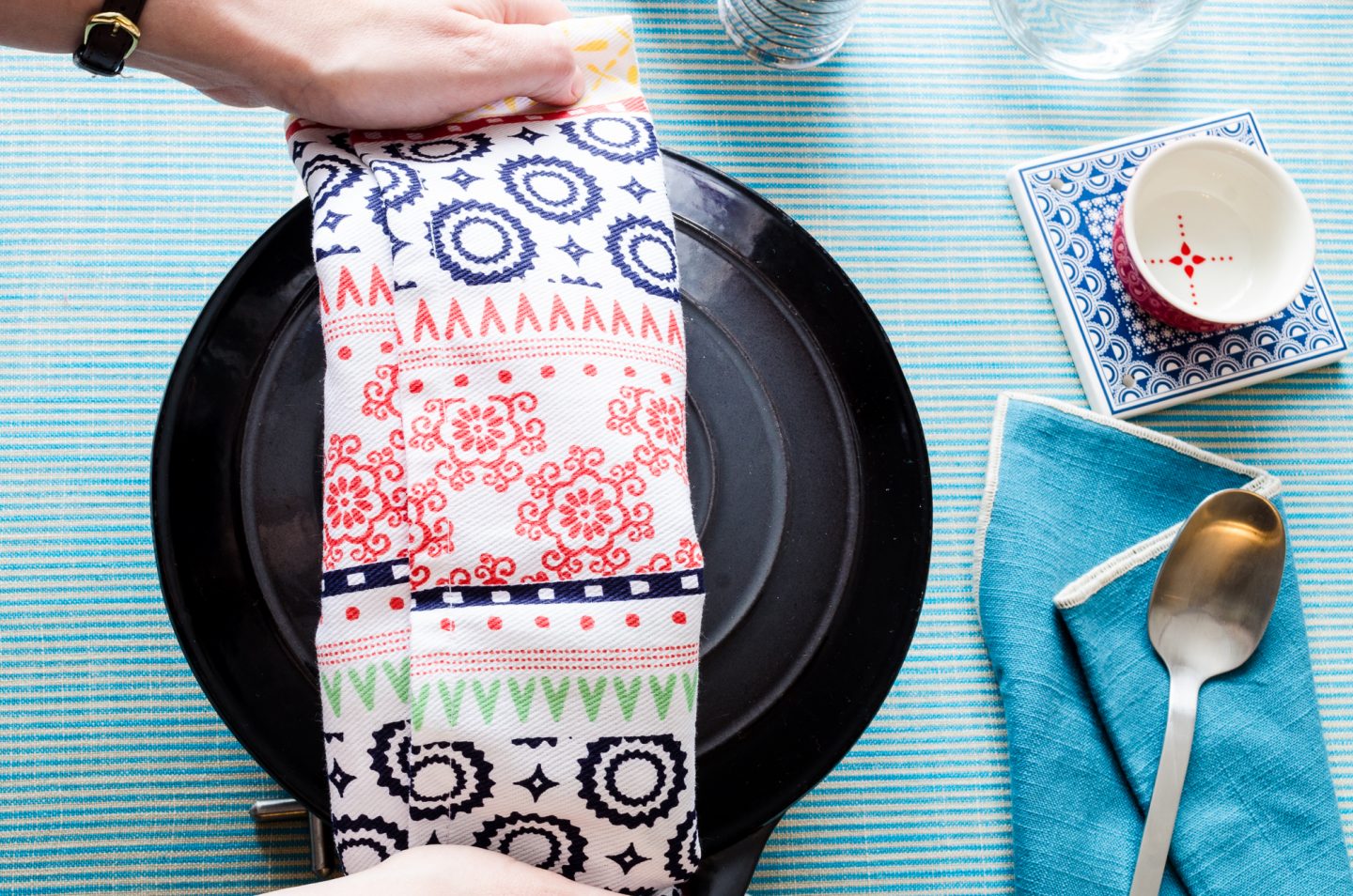 Styling with Dunelm's patterned tea towels.