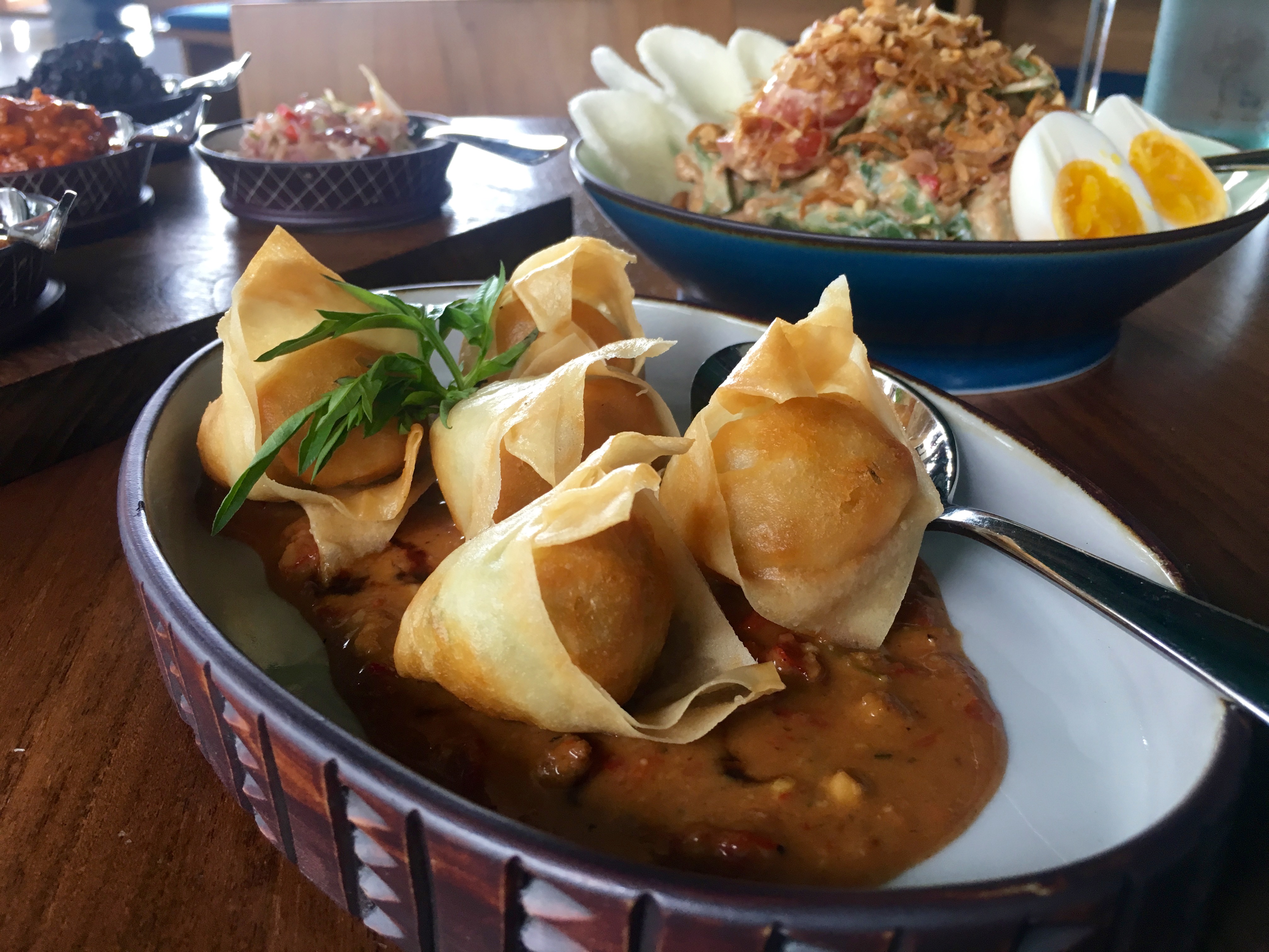 prawn and fish dumplings with satay sauce at Kaum, Bali