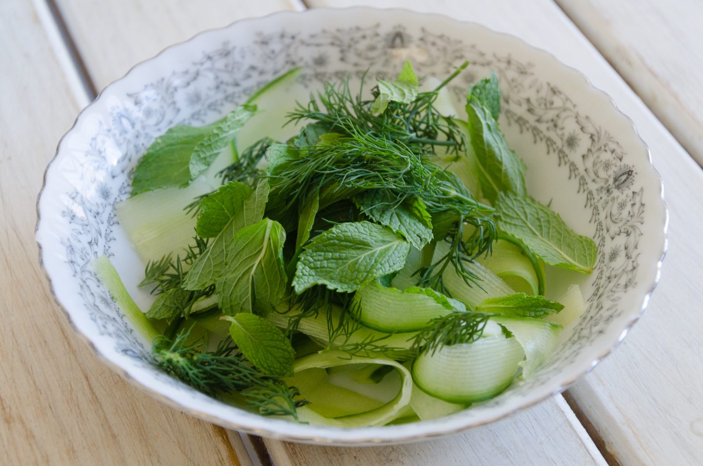 Fresh dill, peeled cucumber and mint ready to go!